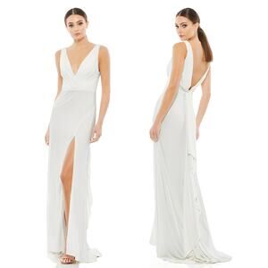 Mac Duggal 12336 Deep V-Neck Open Back High Slit Gown Maxi Dress White Size 4